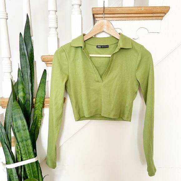 Zara Lime Green Ribbed Long Sleeve Collared Pullover Crop Top Size M Medium - Picture 2 of 4